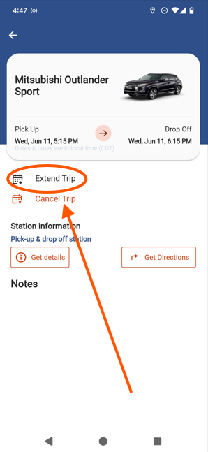 The app with "Extend My Trip" circled with an arrow pointing to it