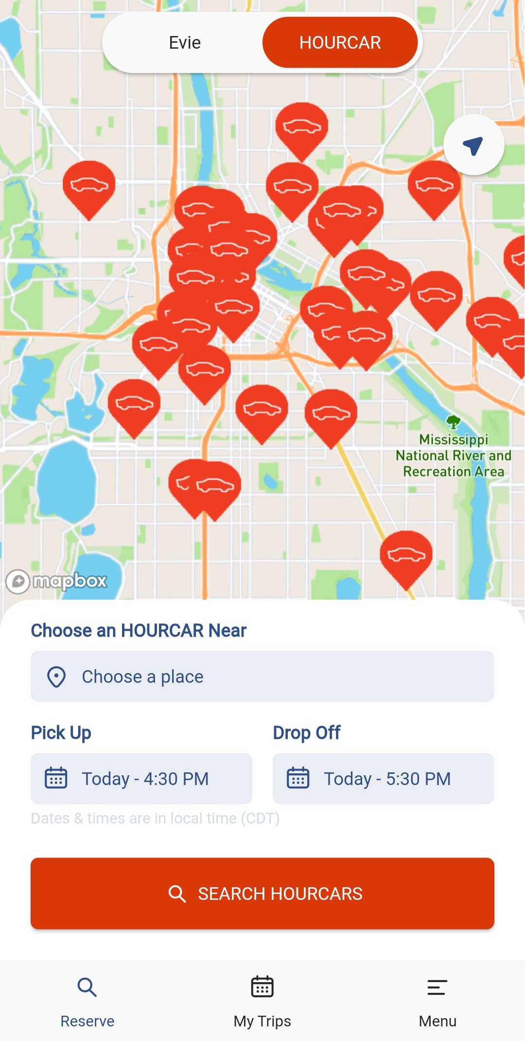 The app showing the HOURCAR reservation screen